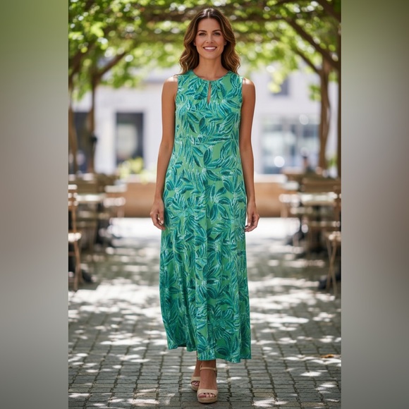 London Times Dresses & Skirts - Maggy London Maxi Dress Womens 10P Green Teal Leaf Print Keyhole